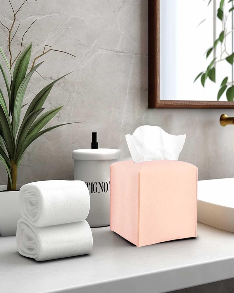 JESMINI Pink Tissue Box Cover Leather – with Bottom Belt [] Decorative Modern PU Leather Tissue Box Holder for Bathroom Vanity/Night Stands/Office - Image 4